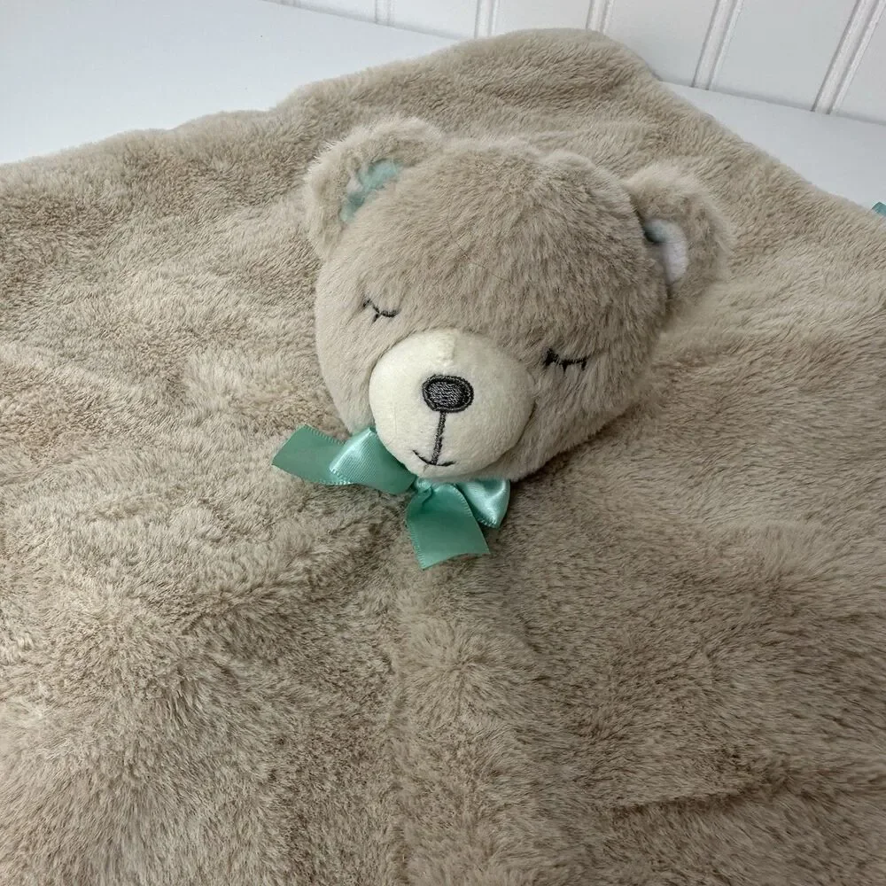 Kellytoy Brown Sleeping Bear‎ Security Blanket Baby Toddler Lovey Green Bow Soft